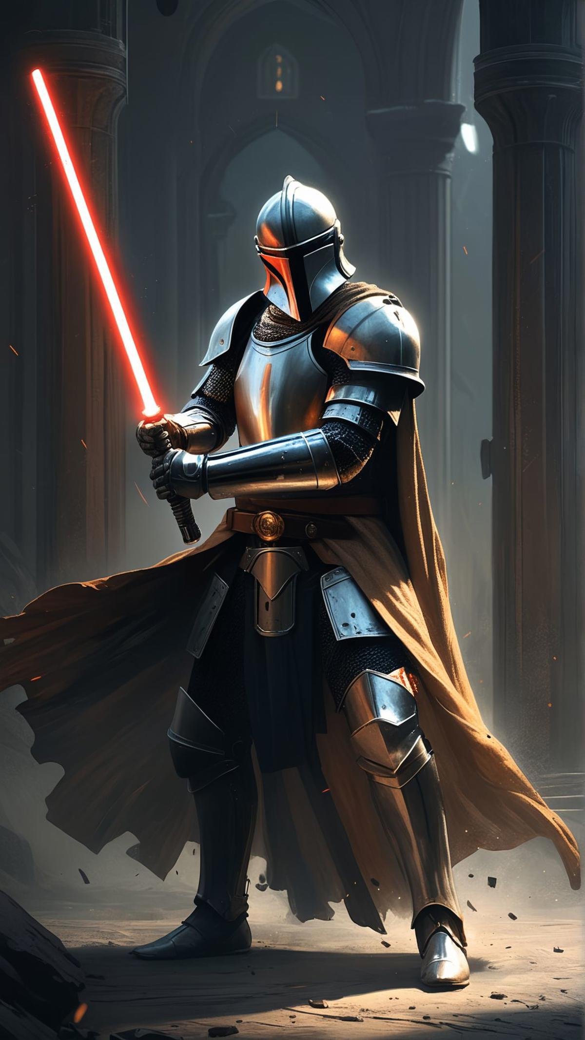 A knight wielding a lightsaber. ,masterpiece, best quality, creative artwork, trending on artstation,