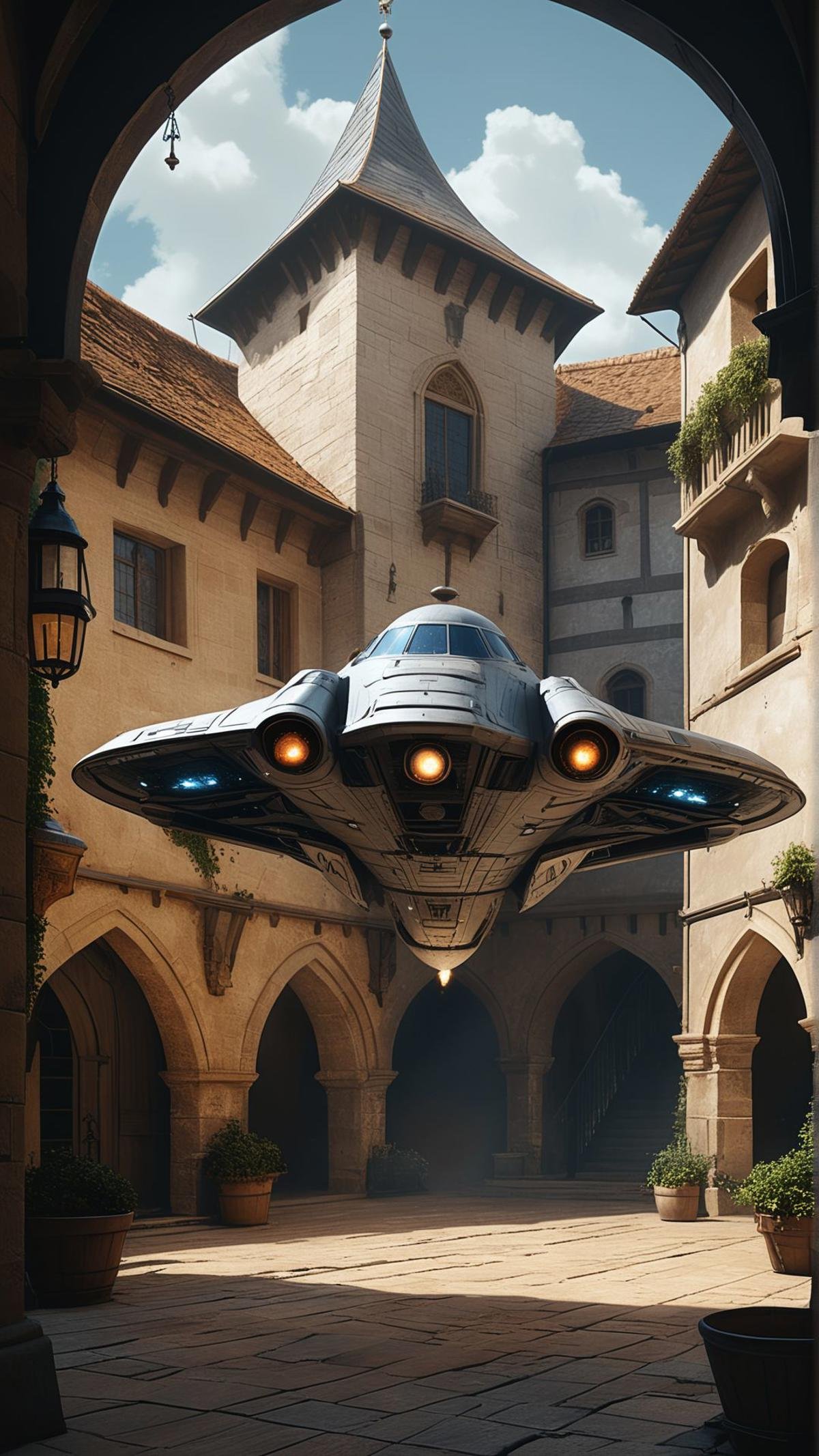 A spaceship landing in a medieval courtyard. ,masterpiece, best quality, creative artwork, trending on artstation,