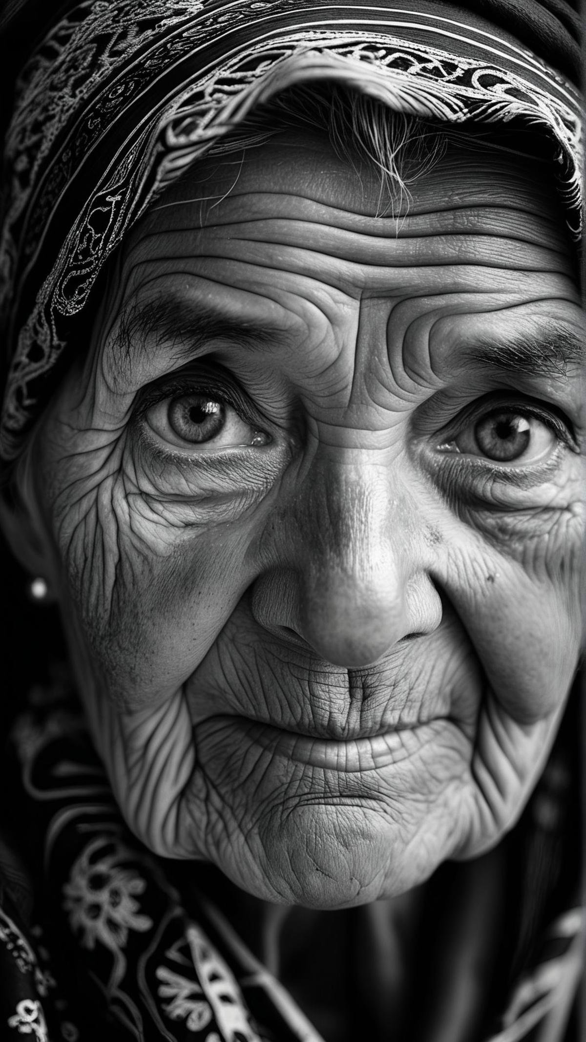 black and white portrait, close-up of an elderly woman with deep wrinkles and piercing eyes, weathered skin telling stories of a lifetime, traditional attire with an intricate headscarf, soft light highlighting every detail, high contrast creating deep shadows, capturing the essence of wisdom and experience, evocative and powerful 