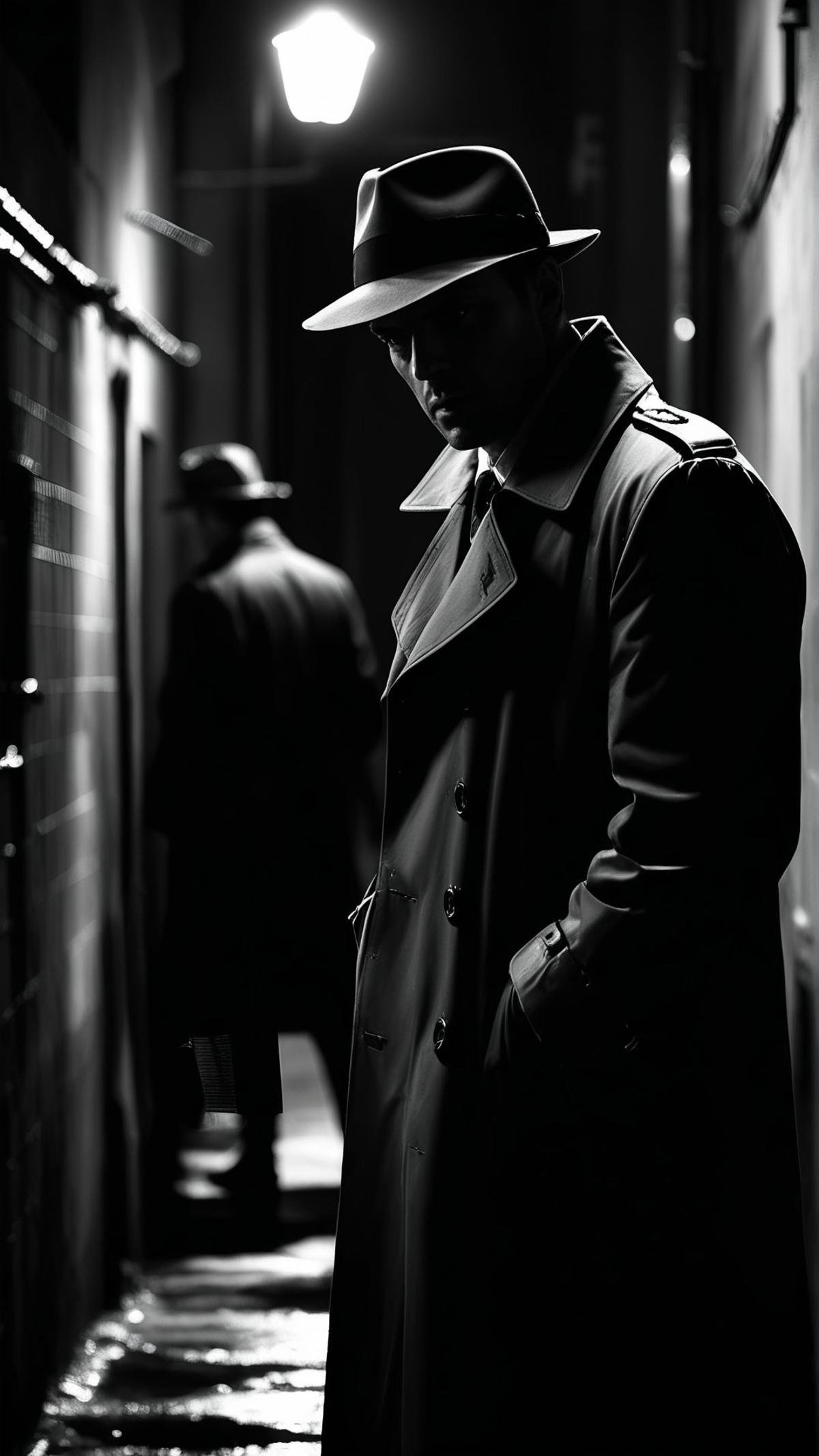 cinematic still, high contrast, noir film style, detective in trench coat, shadowy alley, moody lighting, tense atmosphere, black and white, dramatic storytelling, visual depth and mystery 