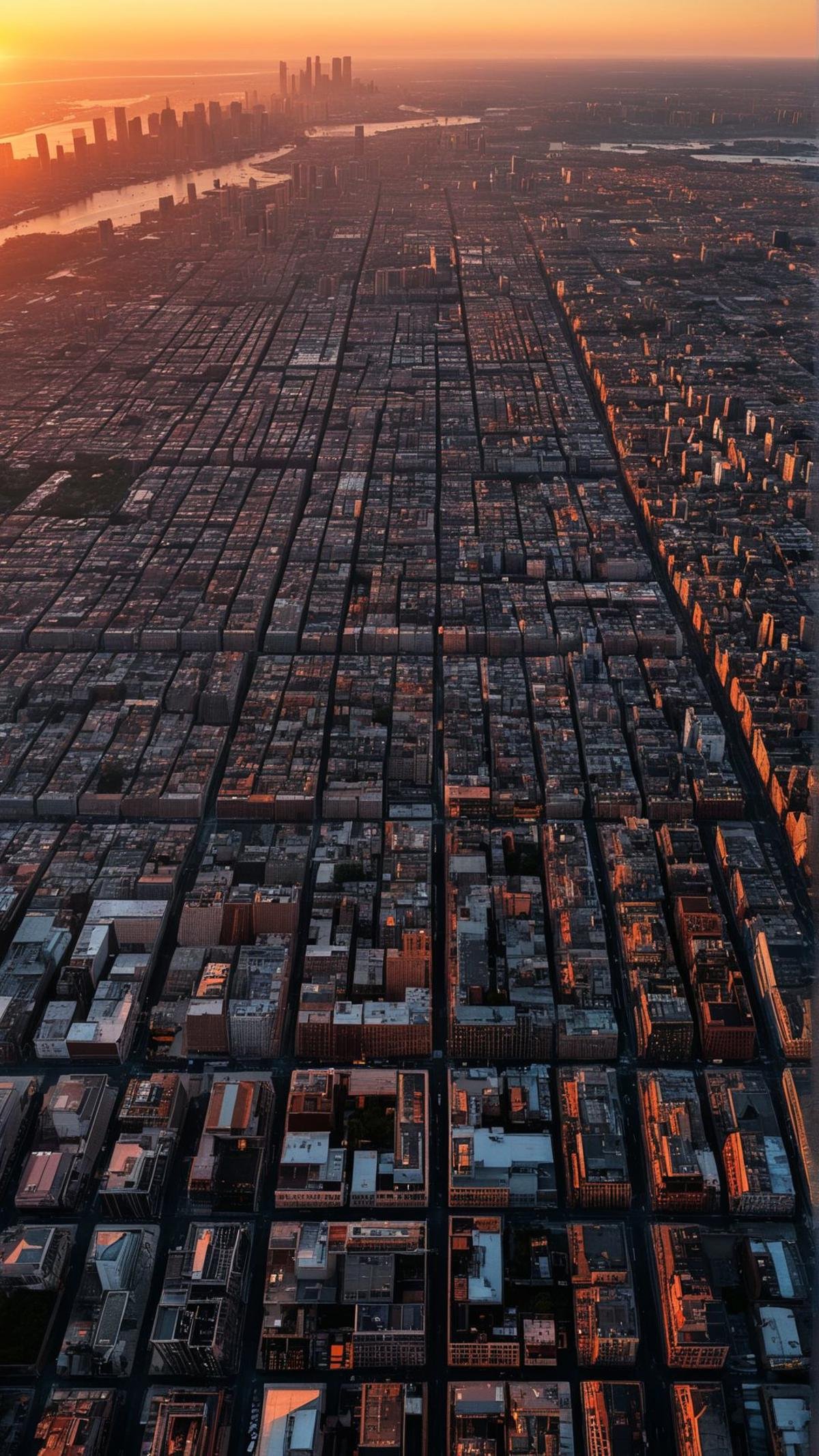 aerial photography, sprawling cityscape, sunset hues, intricate grid patterns, dynamic perspective, high vantage point, capturing urban life, contrasts of light and shadow, vibrant and expansive 