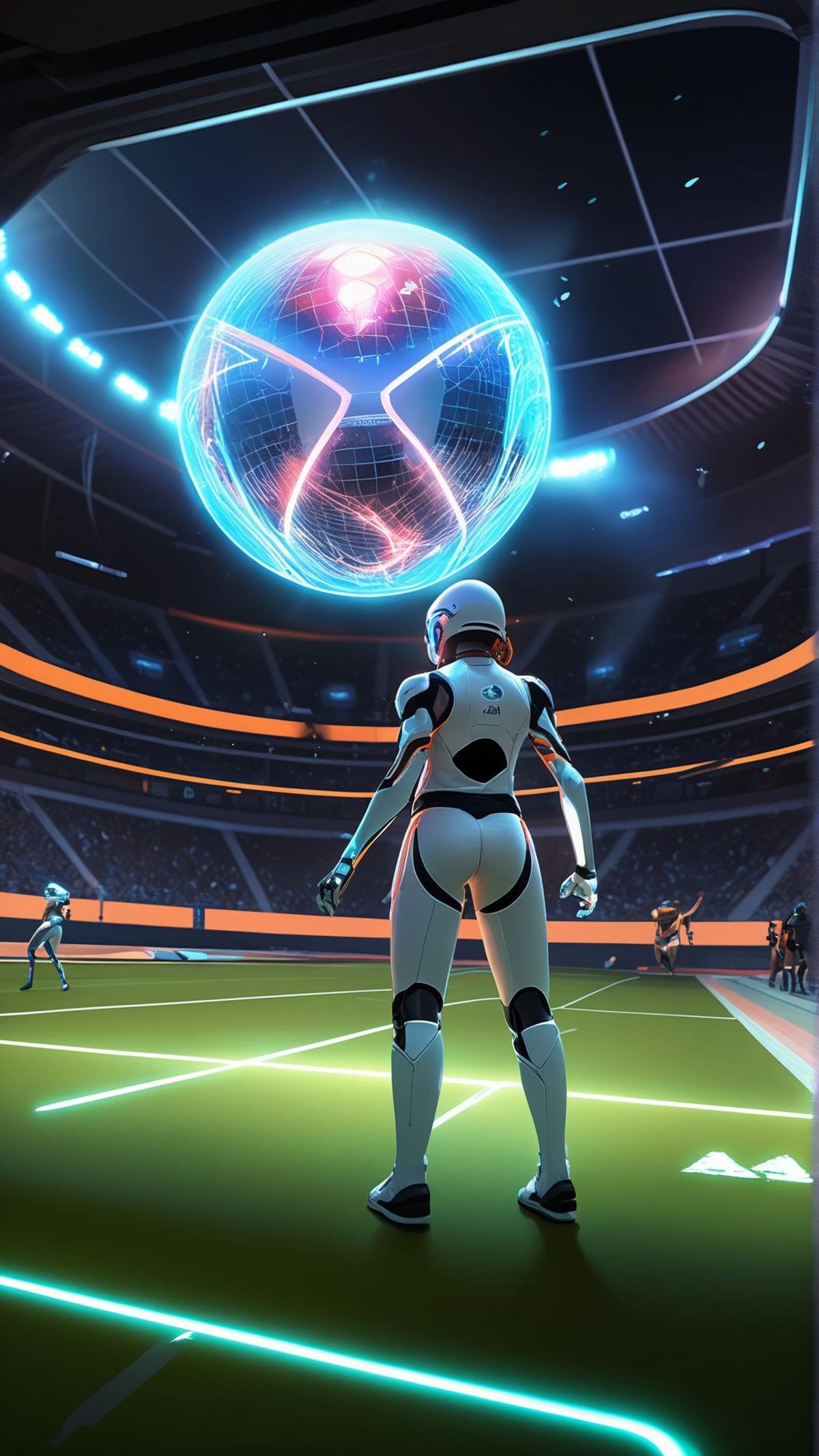 A high-energy digital artwork of a futuristic sports game, with players in sleek, high-tech uniforms, a glowing ball, and a dynamic stadium filled with cheering fans, capturing the excitement and innovation of future athletics. ,masterpiece, best quality, creative artwork, trending on artstation,