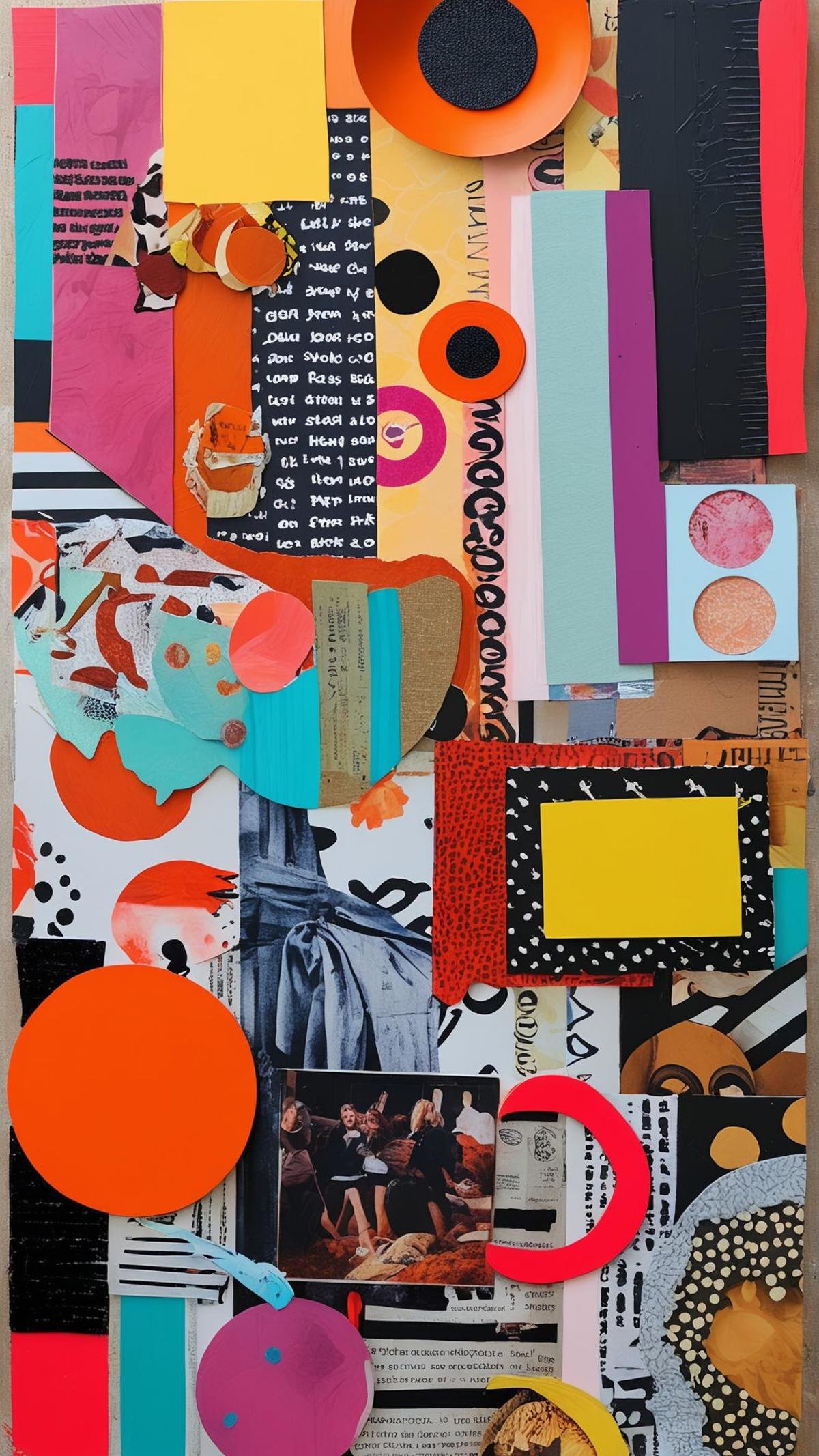 mixed media collage, vibrant colors, magazine cutouts, textured layers, abstract composition, diverse materials, playful and chaotic, expressive and bold, blending different elements, creative and unique 