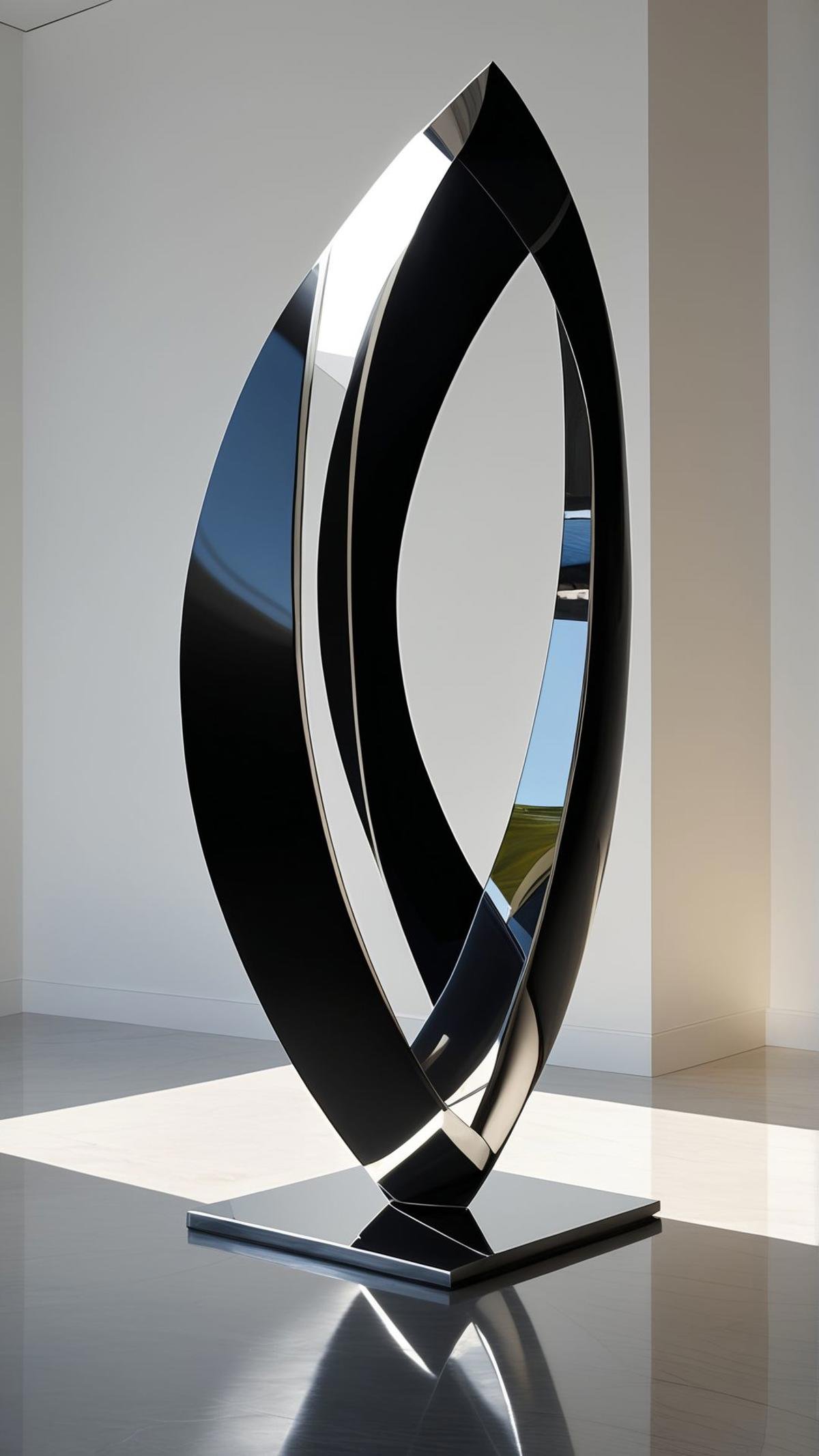 contemporary sculpture, sleek lines, abstract form, polished metal, reflective surface, minimalist design, modern aesthetic, engaging with space, interplay of light and shadow, artistic statement 