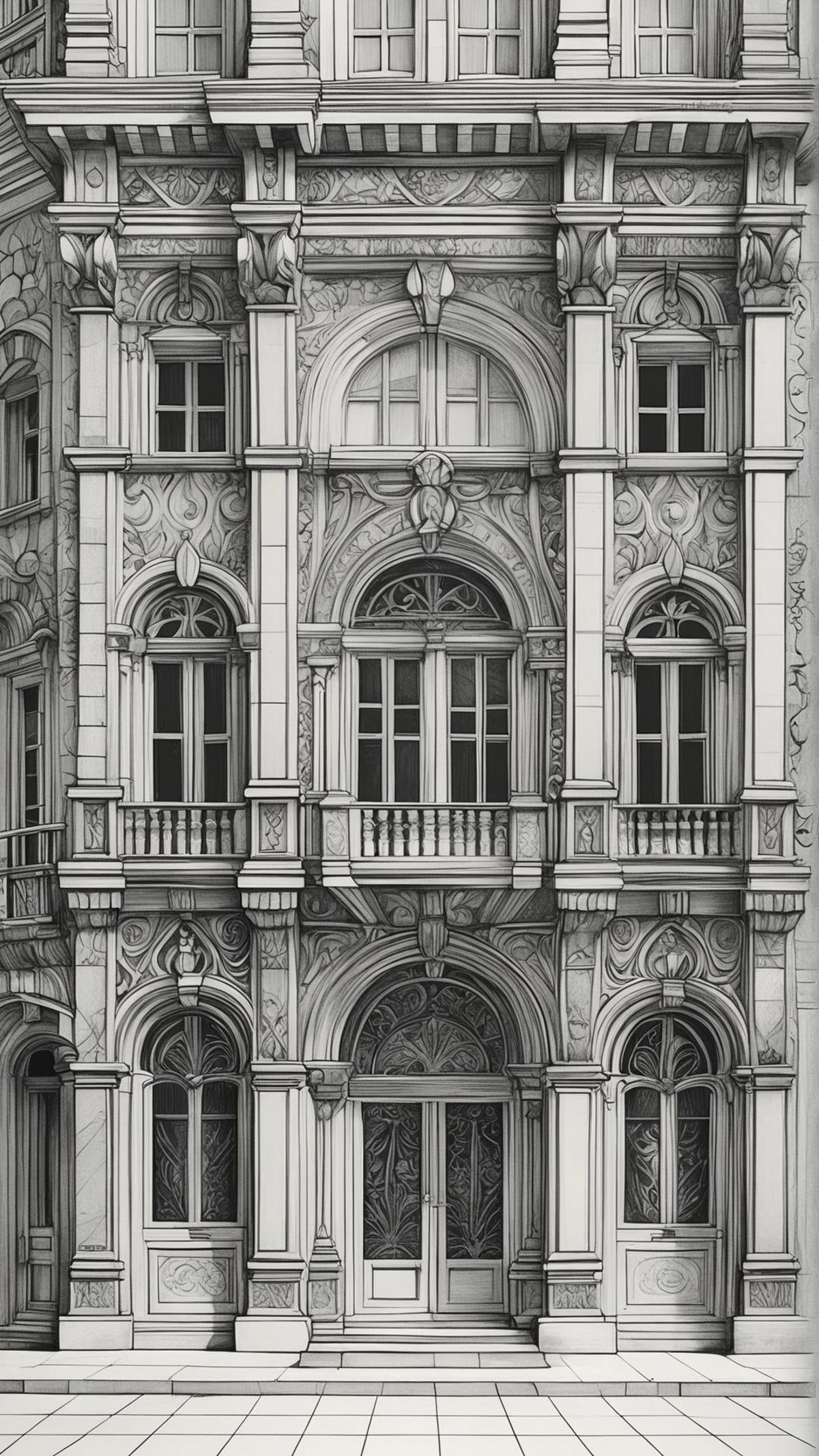 pencil sketch, highly detailed, architectural drawing, intricate building facade, ornate details, precise lines, historical structure, artistic shading, monochromatic, capturing the essence of the architecture 