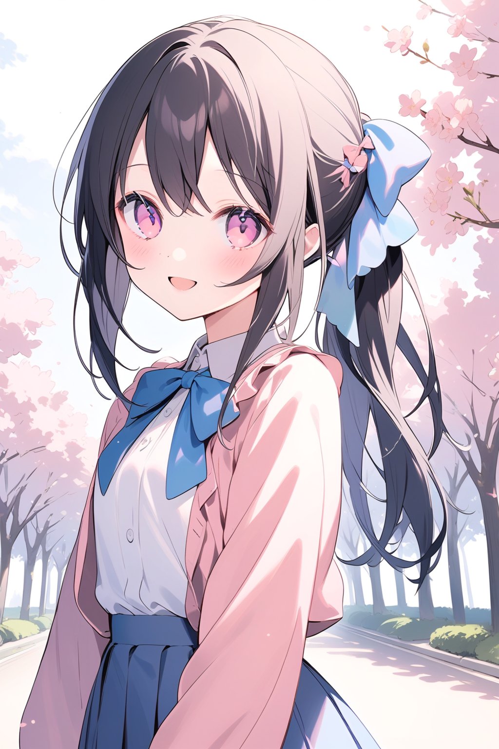 1girl, solo, long hair, looking at viewer, blush, smile, bangs, skirt, black hair, shirt, long sleeves, bow, sakura trees in background, open mouth, standing, pink eyes, smile, happy, white shirt, upper body, hair bow, pleated skirt, outdoors, blue skirt, blue bow, pink nails, ponytail hairstyle, pastel colors, pastel, masterpiece, light particles.