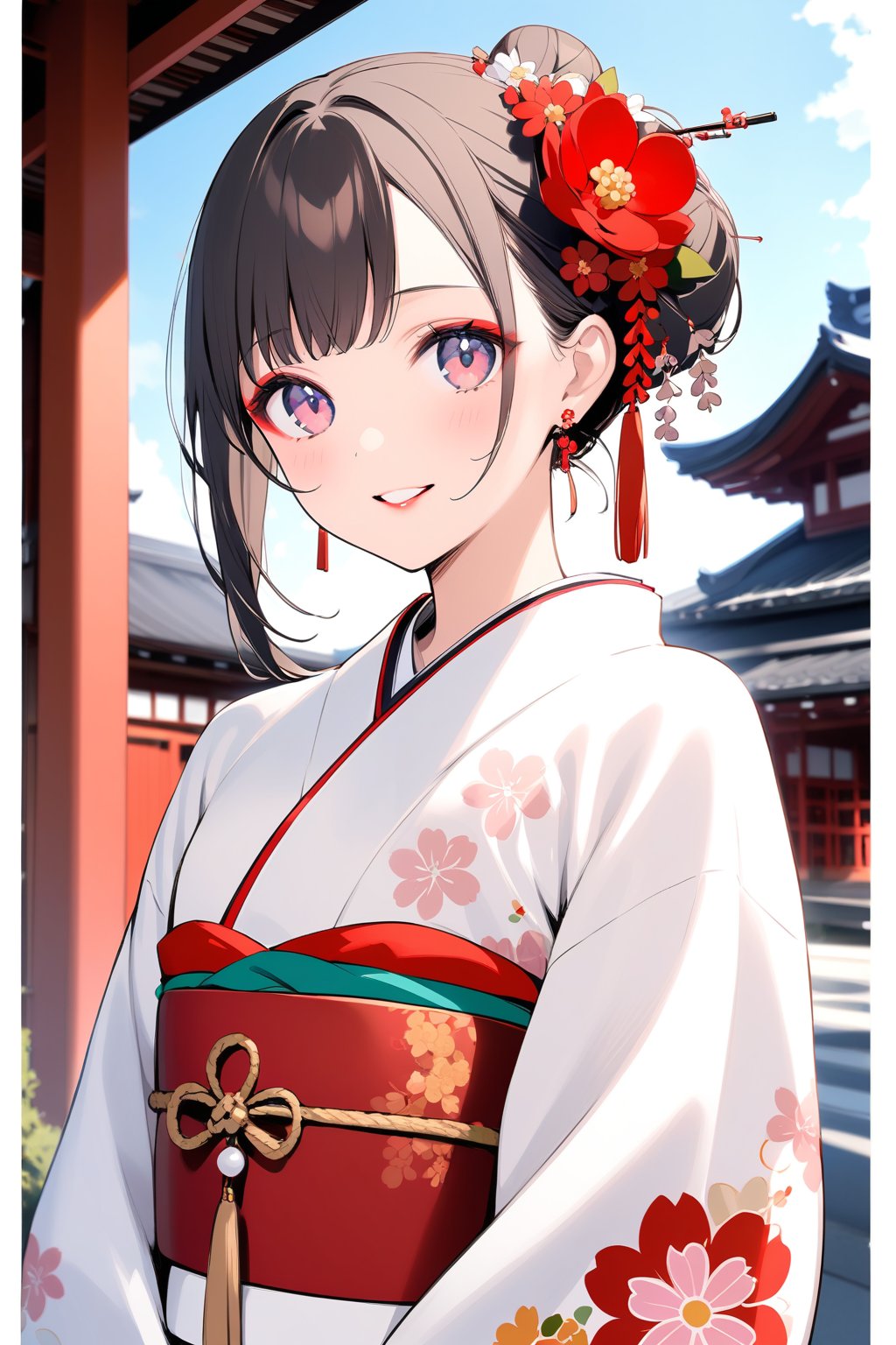 1girl, solo, looking at viewer, blush, smile, short hair, bangs, black hair, hair ornament, long sleeves, jewelry, upper body, flower, earrings, outdoors, parted lips, japanese clothes, day, hair flower, kimono, hair bun, sash, makeup, obi, floral print, single hair bun, red flower, tassel, eyeshadow, white kimono, red lips, print kimono, architecture, east asian architecture, kanzashi