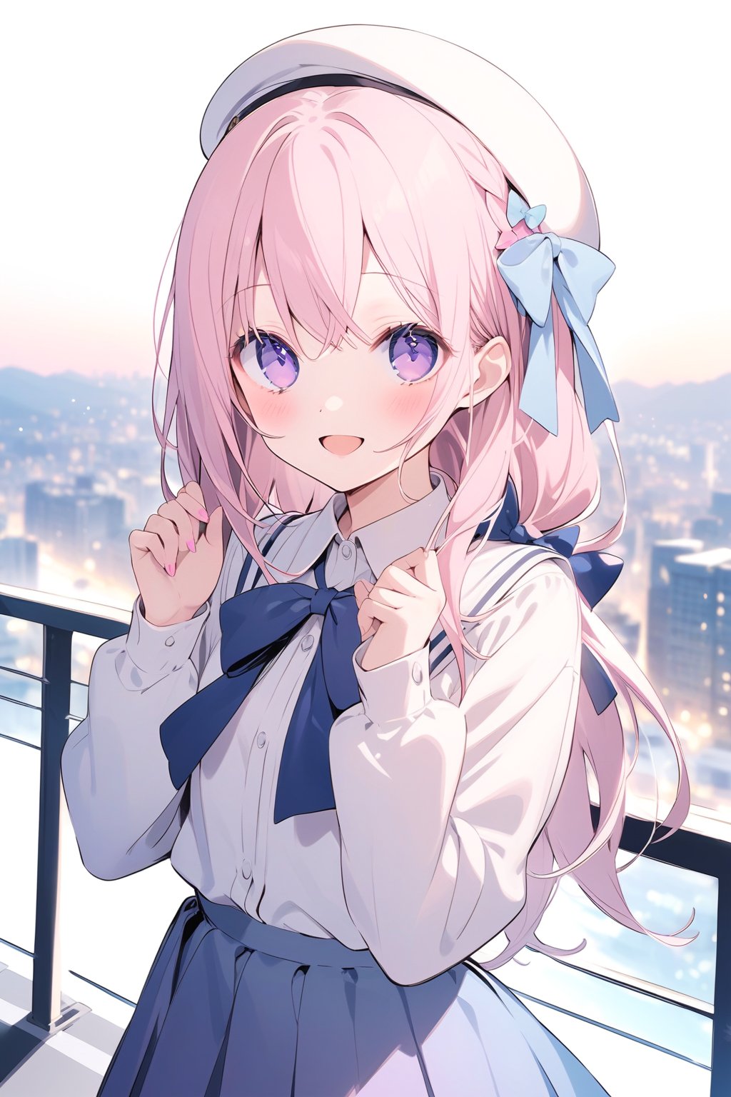 1girl, solo, long hair, looking at viewer, blush, smile, bangs, skirt, pink hair, shirt, long sleeves, bow, city in background, open mouth, standing, purple eyes, smile, happy, white shirt, upper body, hair bow, pleated skirt, outdoors, blue skirt, hands up, blue bow, pink nails, beret, pastel colors, pastel, masterpiece, light particles.