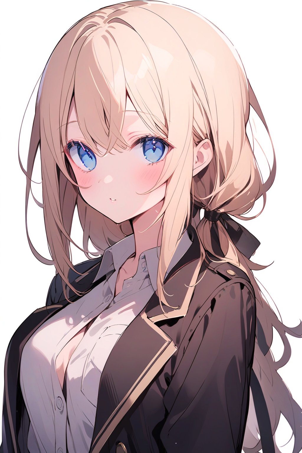 1girl, solo, long hair, breasts, looking at viewer, blush, bangs, blue eyes, blonde hair, large breasts, shirt, long sleeves, jacket, white shirt, upper body, parted lips, open clothes, collared shirt, open jacket, black jacket, buttons, pocket, breast pocket