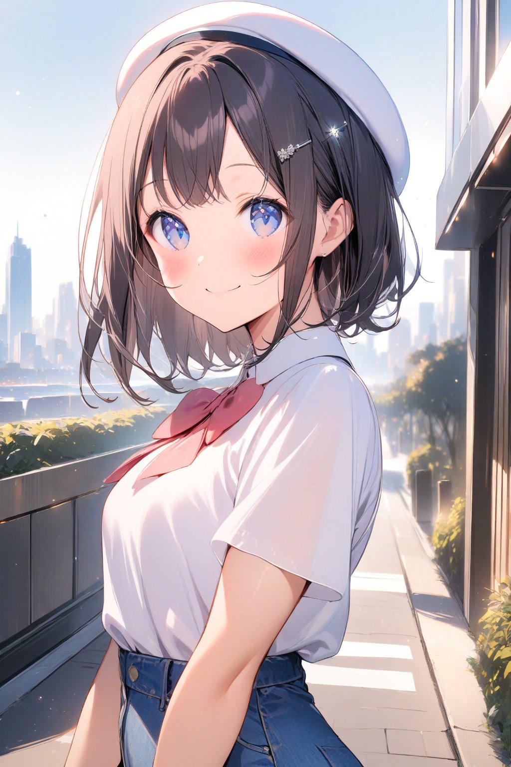 1girl, solo, long hair, looking at viewer, blush, smile, bangs, jeans, black hair, white shirt, short sleeves, bow, city in background, closed mouth, blue eyes, smile, happy, medium shot, walking in sidewalk, silver hairpin, beret, outdoors, pink nails, pixie cut hairstyle, masterpiece, light particles.