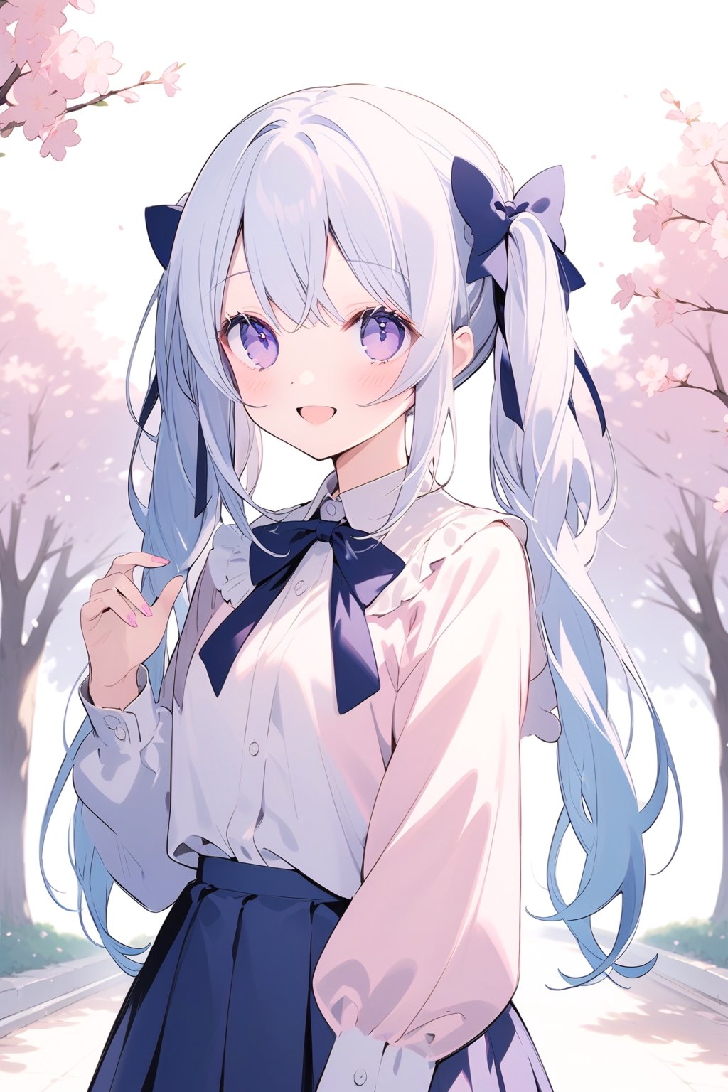 1girl, solo, long hair, looking at viewer, blush, smile, bangs, skirt, light blue hair, shirt, long sleeves, bow, sakura trees in background, open mouth, standing, purple eyes, smile, happy, white shirt, upper body, hair bow, pleated skirt, outdoors, blue skirt, blue bow, pink nails, twintails hairstyle, pastel colors, pastel, masterpiece, light particles.