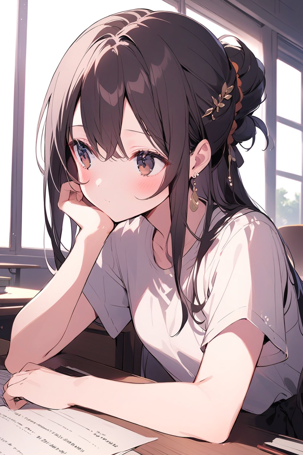 1girl, solo, long hair, blush, shirt, black hair, hair ornament, brown eyes, jewelry, sitting, closed mouth, short sleeves, earrings, solo focus, indoors, hair bun, blurry, book, window, looking away, sunlight, scrunchie, hand on own face, desk, head rest, paper