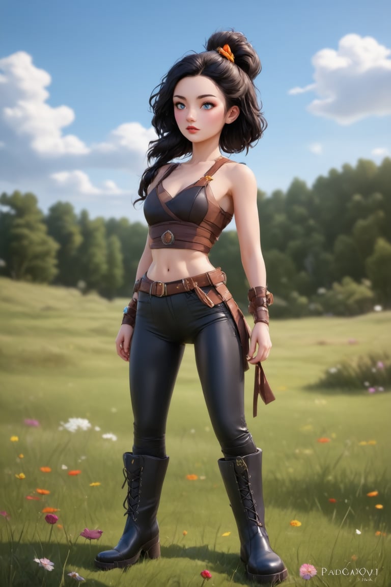 women. beautiful detailed face, black hair, pale skin, light skin, realistic skin, detailed fabric texture, detailed hair texture, perfect proportion, accurate, anatomically correct, highly detailed skin and face texture, modern, photorealistic, perfect face, hyper realism, mega realism, high quality. warrior, ancient mongolia, messy hairstyle. whole body. black pants, black boots,digital art