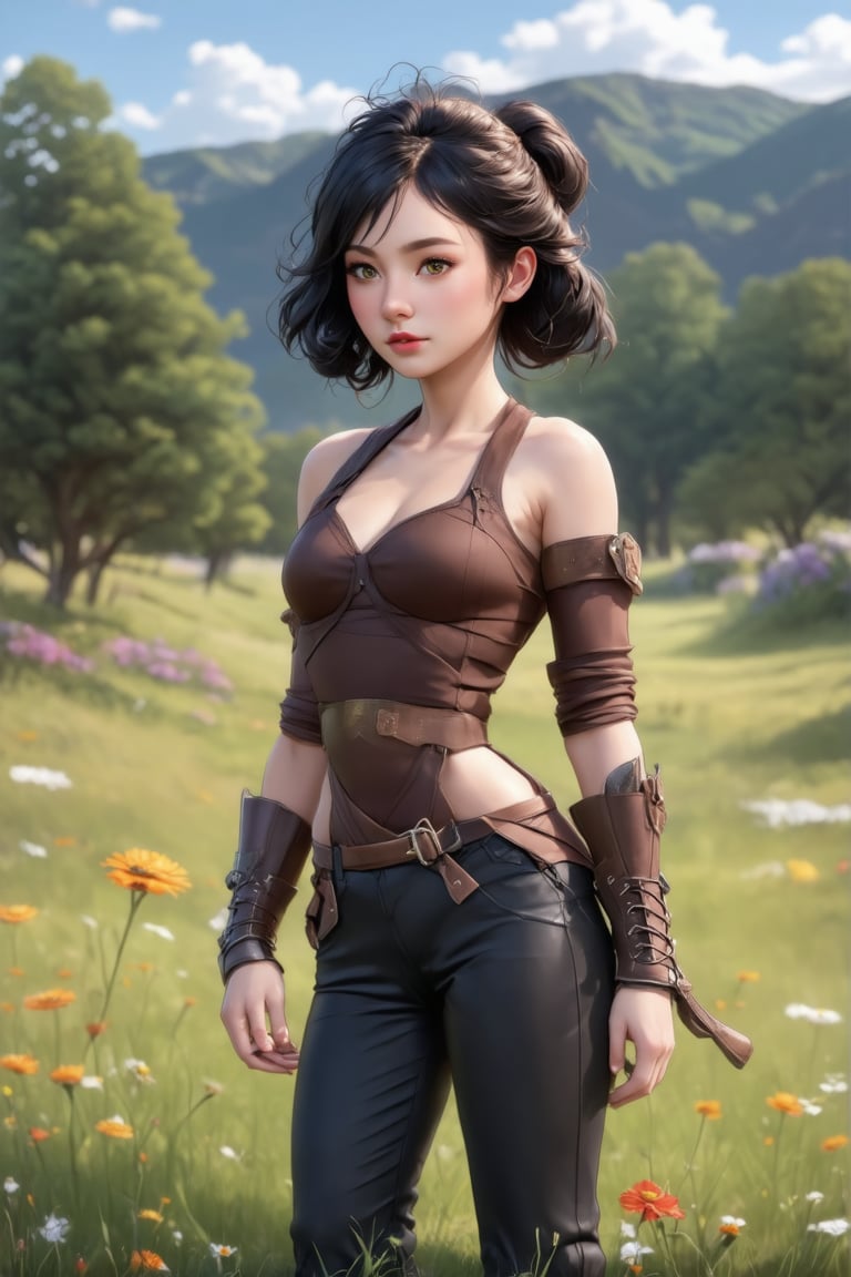 women. beautiful detailed face, black hair, pale skin, light skin, realistic skin, detailed fabric texture, detailed hair texture, perfect proportion, accurate, anatomically correct, highly detailed skin and face texture, modern, photorealistic, perfect face, hyper realism, mega realism, high quality. warrior, ancient mongolia, messy hairstyle. whole body. black pants, black boots,digital art