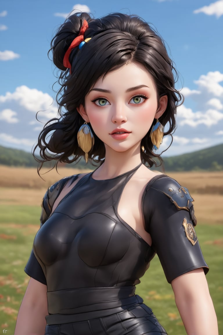 women. beautiful detailed face, black hair, pale skin, light skin, realistic skin, detailed fabric texture, detailed hair texture, perfect proportion, accurate, anatomically correct, highly detailed skin and face texture, modern, photorealistic, perfect face, hyper realism, mega realism, high quality. warrior, ancient mongolia, messy hairstyle. whole body. black pants, black boots,digital art