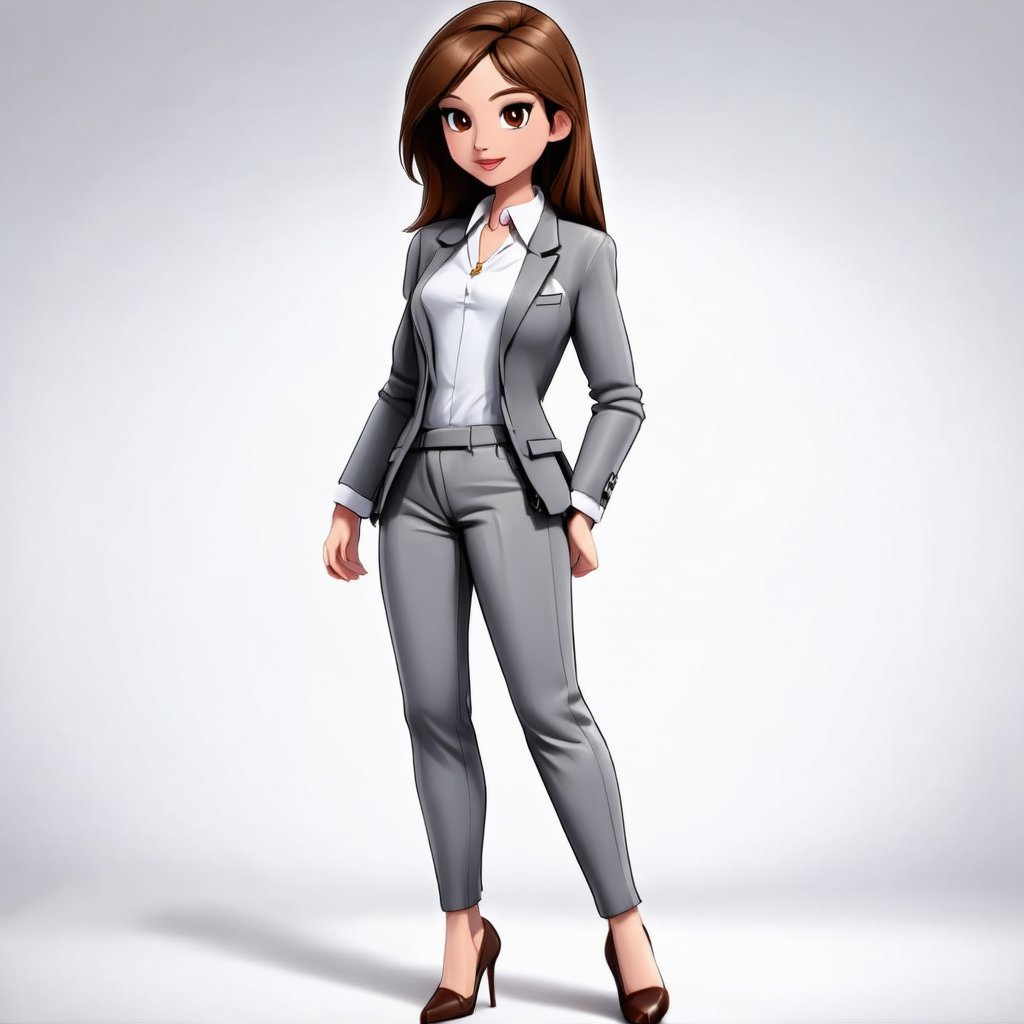 1girl, solo, long hair, looking at viewer, simple background, brown hair, shirt, long sleeves, white background, brown eyes, jewelry, standing, jacket, full body, white shirt, pants, high heels, formal, suit, grey jacket, grey pants,Realistic Enhance,Cartoon