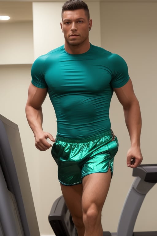 Realistic, masterpiece, solo, muscular man, green eyes, dutch pose, looking at viewer, glanz shorts, shiny shirt, shorts bulgeJ:1.4, running on a treadmill in gym, looking at viewer