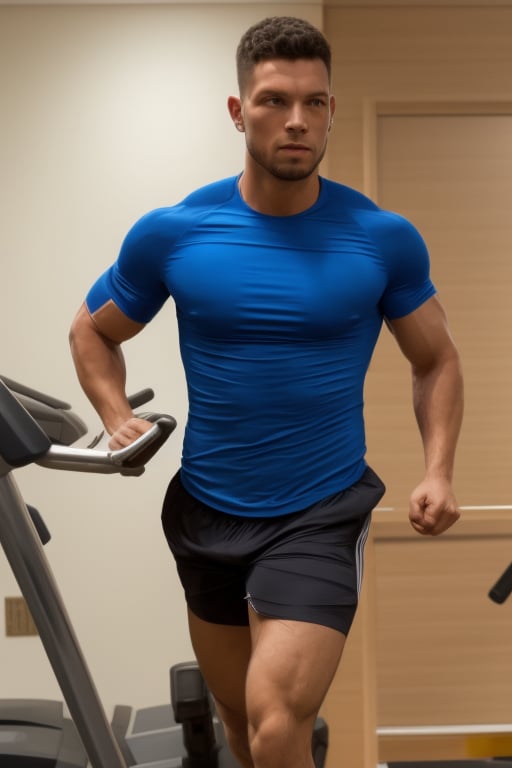 Realistic, masterpiece, solo, muscular man, dutch pose, looking at viewer, shiny kit, shorts bulgeJ:1.4, running on a treadmill in gym, looking at viewer