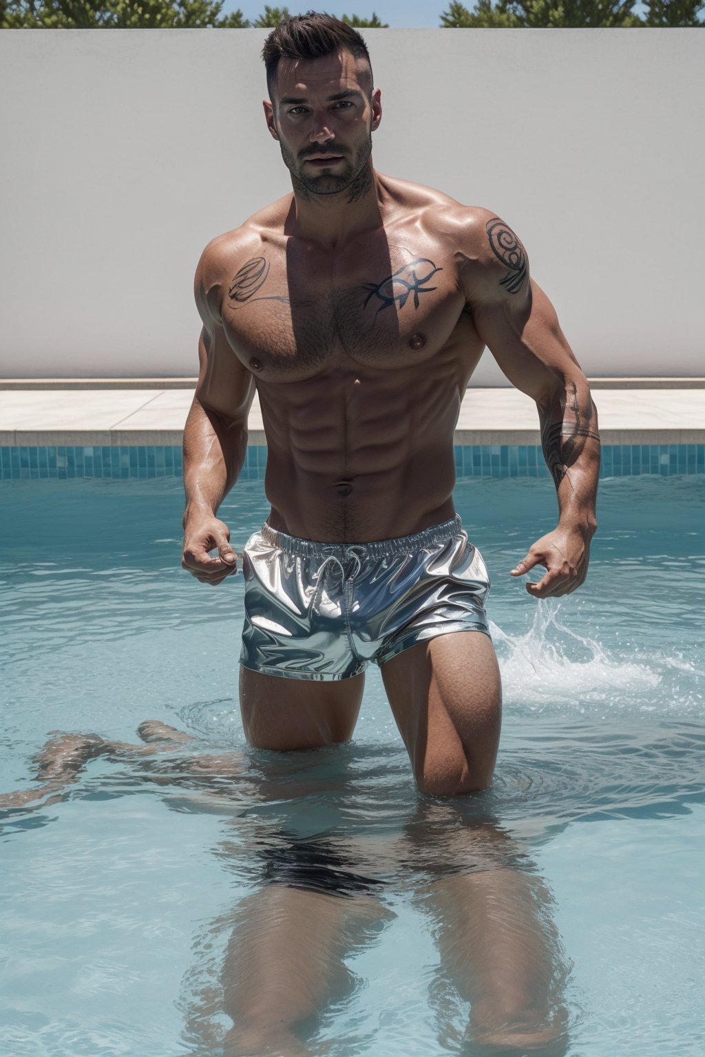 (best quality, 8K, highres, masterpiece, photorealistic), 1man exiting the pool, visible tattoos on chest and arms, (looking at camera), wearing shiny vintage nylon shorts,  a J-shaped bulge:1.3, 