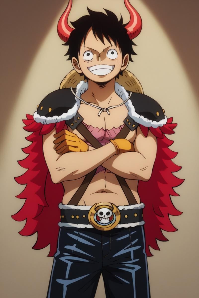 score_9, score_8_up, score_7_up, score_6_up, detailed, intricate details,best quality ,source_anime, cowboy shot,luffy_bp, black hair, black eyes, horns, shoulder pads, cape, shirtless, scar on chest, yellow gloves, 1boy, male focus, hat, smile, solo, scar, straw hat, gloves, grin, looking at viewer, parody, SCAR ON FACE, crossed arms, black pants<lora:EMS-423792-EMS:1.000000>