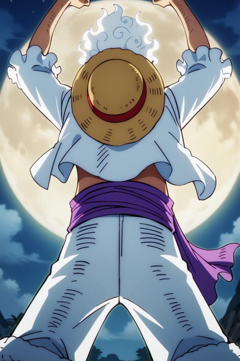 score_9, score_8_up, score_7_up, score_6_up, detailed, intricate details,best quality ,source_anime, cowboy shot,luffy_gear, white hair, white jacket, purple belt, white pants, pants rolled up, 1boy, male focus, solo, moon, night, hat, arms up, from behind, parody, long hair, pants, full moon<lora:EMS-423792-EMS:1.000000>