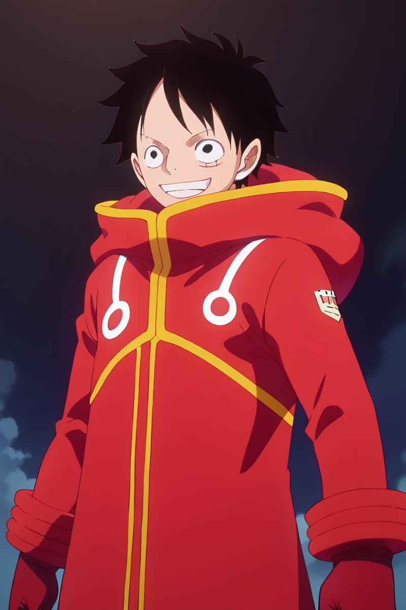 score_9, score_8_up, score_7_up, score_6_up, detailed, intricate details,best quality ,source_anime, cowboy shot,luffy_eh, black hair, black eyes, scar on face, red coat, red gloves, 1boy, male focus,smile, solo, gloves, scar, grin, parody, hood, upper body, 1boy<lora:EMS-423792-EMS:1.000000>