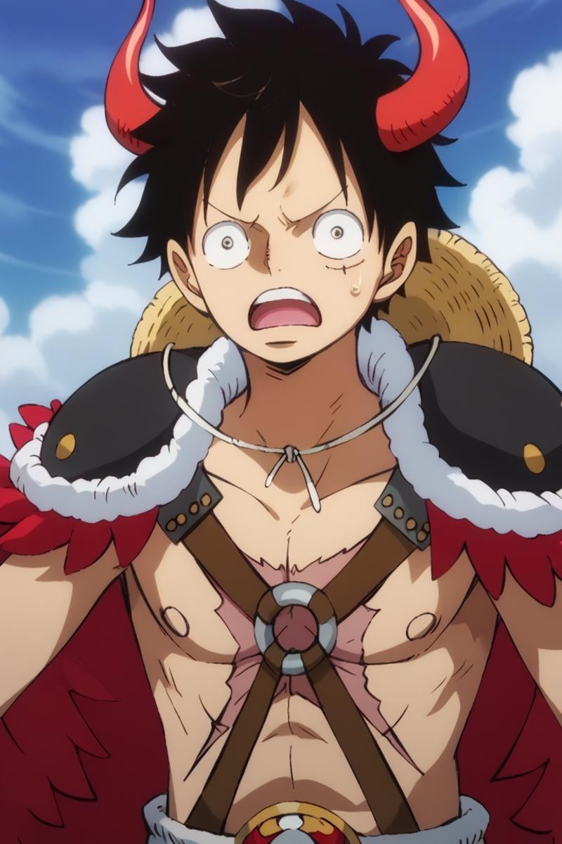 score_9, score_8_up, score_7_up, score_6_up, detailed, intricate details,best quality ,source_anime, cowboy shot,luffy_bp, black hair, black eyes, horns, shoulder pads, cape, 1boy, male focus, solo, hat, straw hat, open mouth, scar, looking at viewer, parody, scar on face, sweatdrop, wide-eyed<lora:EMS-423792-EMS:1.000000>