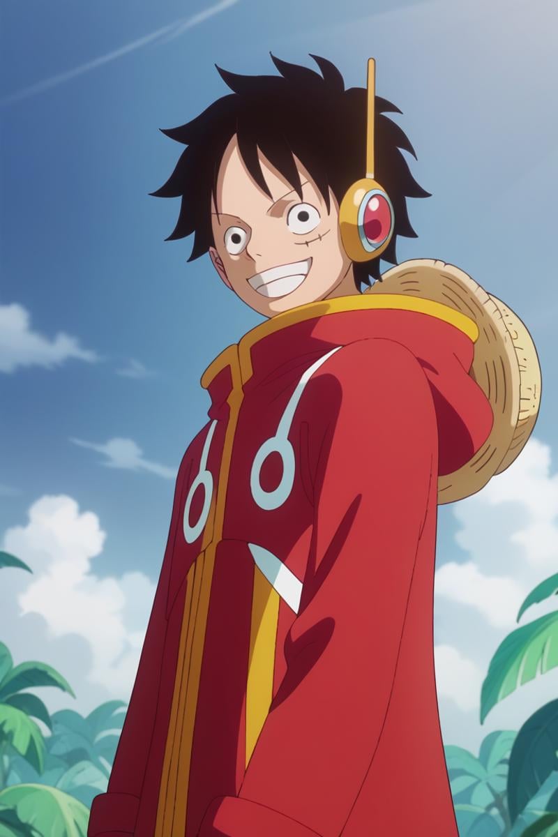 score_9, score_8_up, score_7_up, score_6_up, detailed, intricate details,best quality ,source_anime, cowboy shot,luffy_eh, black hair, black eyes, scar on face, red coat, 1boy, male focus, smile, straw hat, hat, solo, looking at viewer, grin, headwear removed, upper body, parody, scar, 1boy, headphones<lora:EMS-423792-EMS:1.000000>