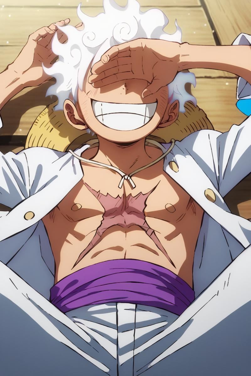 score_9, score_8_up, score_7_up, score_6_up, detailed, intricate details,best quality ,source_anime, cowboy shot,luffy_gear, white hair, red eyes, scar on face, white jacket, 1boy, male focus, solo, smile, hat, straw hat, grin, scar, covering own eyes, upper body, shirt, teeth, scar on chest,purple belt, white pants, pants rolled up, lying, smile, on back<lora:EMS-423792-EMS:1.000000>