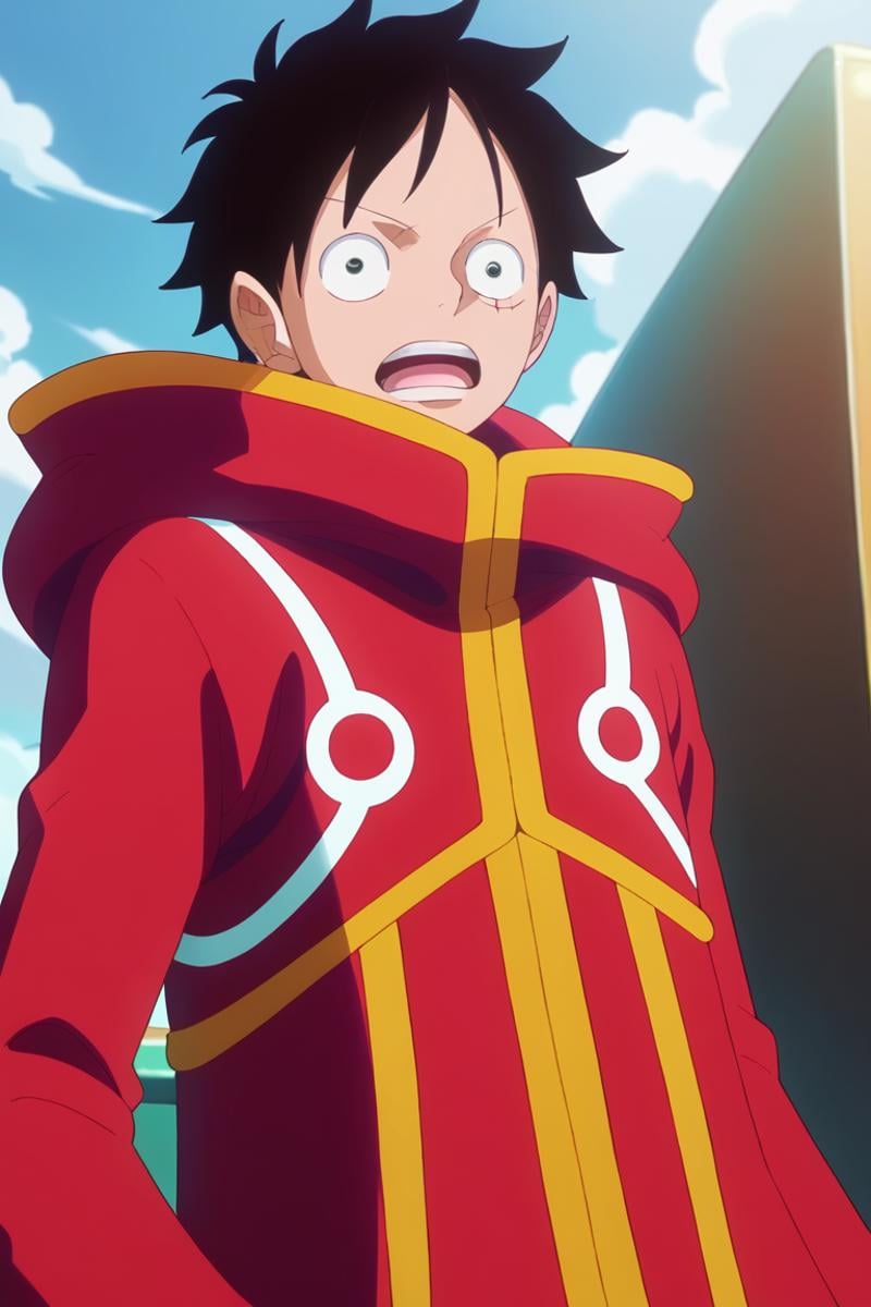 score_9, score_8_up, score_7_up, score_6_up, detailed, intricate details,best quality ,source_anime, cowboy shot,luffy_eh, black hair, black eyes, scar on face, red coat, 1boy, male focus, anime coloring, solo, scar, open mouth, wide-eyed, looking at viewer, teeth, short hair, parody, 1boy<lora:EMS-423792-EMS:1.000000>