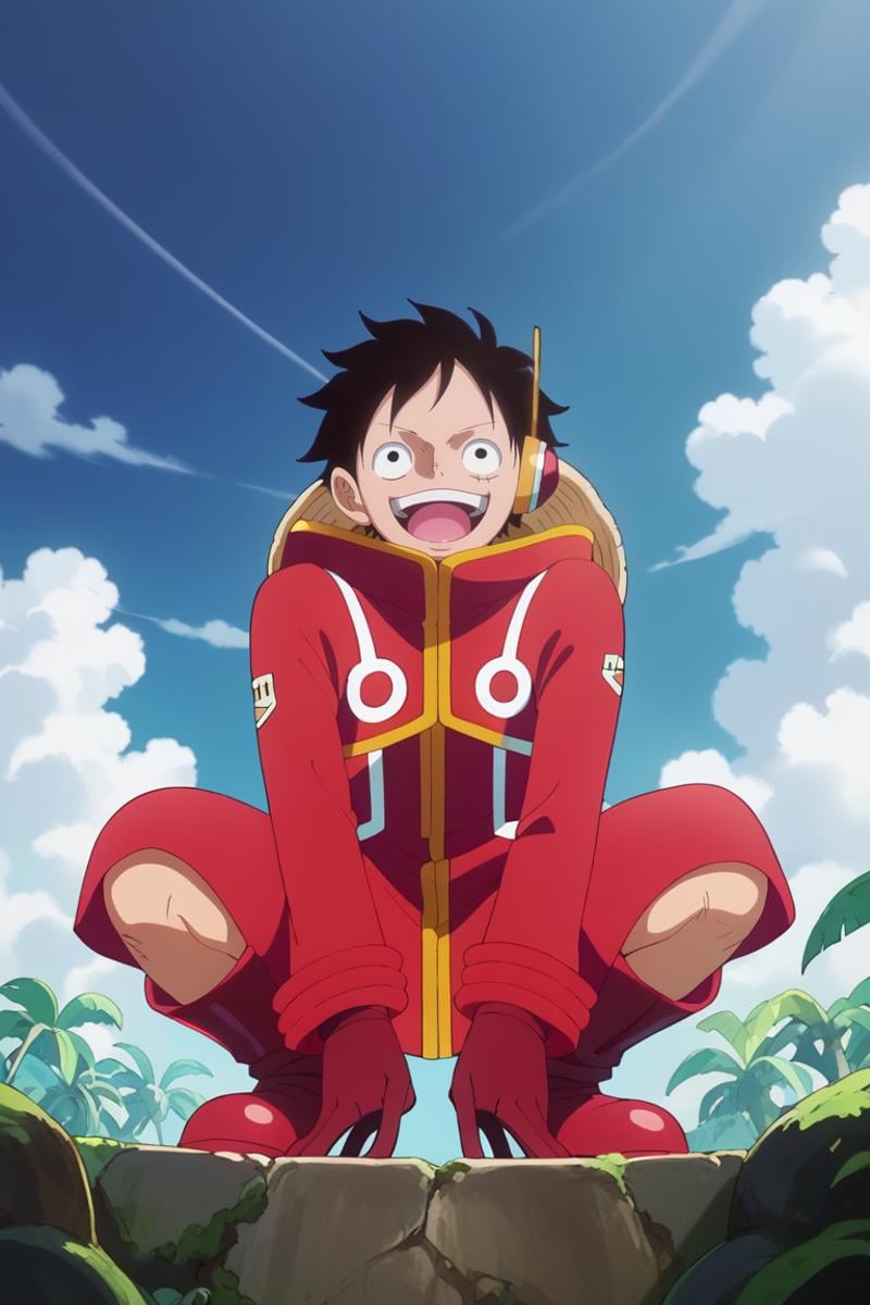 score_9, score_8_up, score_7_up, score_6_up, detailed, intricate details,best quality ,source_anime, cowboy shot,luffy_eh, black hair, black eyes, scar on face, red coat, red gloves, 1boy, male focus, straw hat, solo, hat, open mouth, squatting, smile, sky, scar, parody, cloud, day, boots, anime coloring, red boots 1boy, headphones, bare knees, looking at viewer<lora:EMS-423792-EMS:1.000000>