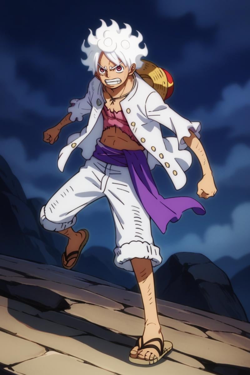 score_9, score_8_up, score_7_up, score_6_up, detailed, intricate details,best quality ,source_anime, cowboy shot,luffy_gear, white hair, red eyes, scar on face, white jacket, purple belt, white pants, pants rolled up, 1boy, male focus, solo, pants, clenched teeth, teeth, sandals, open clothes<lora:EMS-423792-EMS:1.000000>