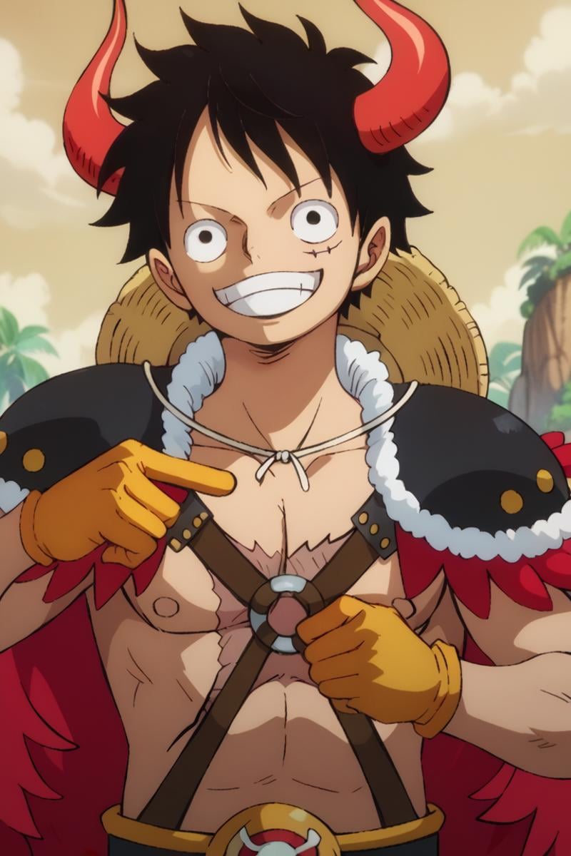 score_9, score_8_up, score_7_up, score_6_up, detailed, intricate details,best quality ,source_anime, cowboy shot,luffy_bp, black hair, black eyes, horns, shoulder pads, cape, scar on chest, yellow gloves, 1boy, male focus, hat, smile, solo, scar, straw hat, gloves, grin, looking at viewer, upper body, parody, pointing at self, SCAR ON FACE, shirtless<lora:EMS-423792-EMS:1.000000>