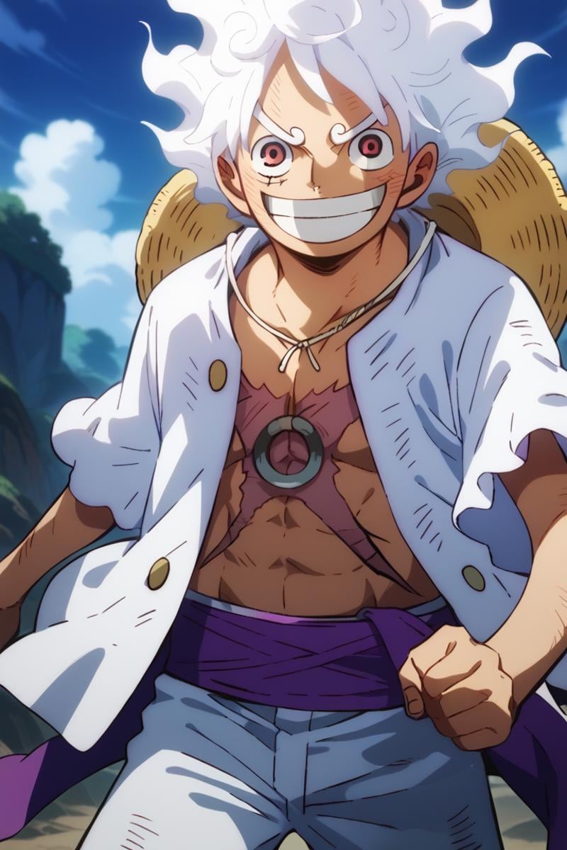 score_9, score_8_up, score_7_up, score_6_up, detailed, intricate details,best quality ,source_anime, cowboy shot,luffy_gear, white hair, red eyes, scar on face, white jacket, purple belt, white pants, pants rolled up, scar, 1boy, male focus, solo, smile, hat, grin, open clothes, straw hat, official style, scar on chest, long hair, punching<lora:EMS-423792-EMS:1.000000>