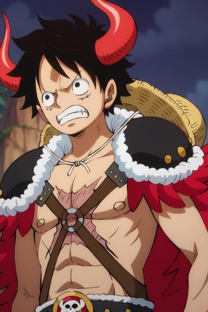 score_9, score_8_up, score_7_up, score_6_up, detailed, intricate details,best quality ,source_anime, cowboy shot,luffy_bp, black hair, black eyes, horns, shoulder pads, cape, scar on chest, 1boy, male focus, solo, hat, straw hat, clenched teeth, teeth, scar, angry, parody, anime coloring, scar on face<lora:EMS-423792-EMS:1.000000>