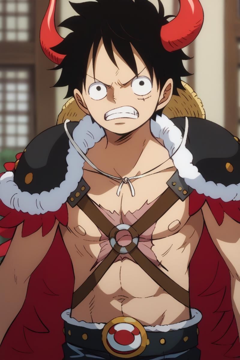 score_9, score_8_up, score_7_up, score_6_up, detailed, intricate details,best quality ,source_anime, cowboy shot,luffy_bp, black hair, black eyes, horns, shoulder pads, cape, scar on chest, 1boy, male focus, solo, scar, hat, clenched teeth, straw hat, teeth, upper body, angry, looking at viewer, blurry, parody, anime coloring, SCAR ON FACE, black pants<lora:EMS-423792-EMS:1.000000>