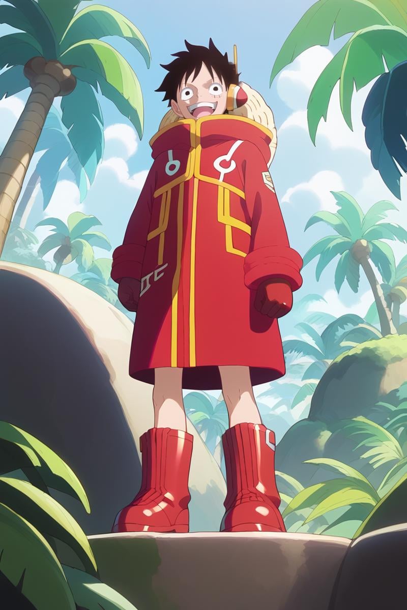 score_9, score_8_up, score_7_up, score_6_up, detailed, intricate details,best quality ,source_anime, cowboy shot,luffy_eh, black hair, black eyes, scar on face, red coat, 1boy, male focus, tree, solo, smile, palm tree, scar, open mouth, straw hat, parody, red gloves, hat, outdoors, looking at viewer, :d, 1boy, headphones, red boots<lora:EMS-423792-EMS:1.000000>