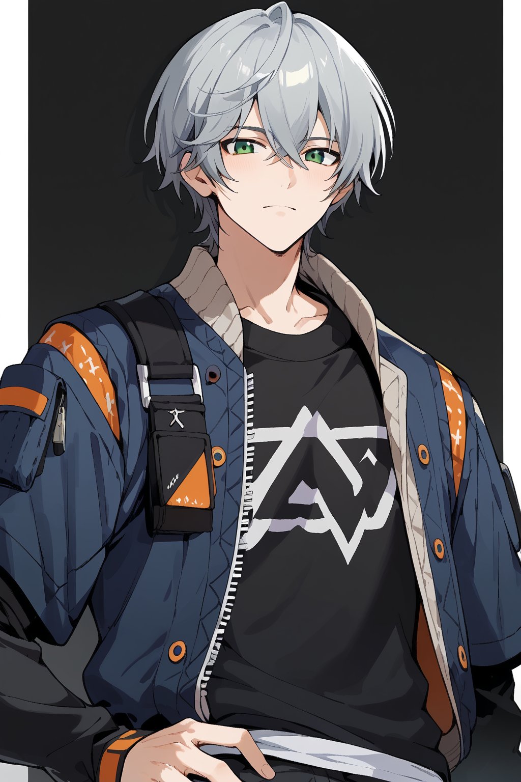 score_9, score_8_up, score_7_up, score_6_up, score_5_up, score_4_up, source_anime, 1boy, male focus, solo, wise, grey hair, short hair, bangs, green eyes, (black shirt, long sleeves), blue jacket, black pants, upper body, close up, looking at viewer, hand on hip, simple background, white background