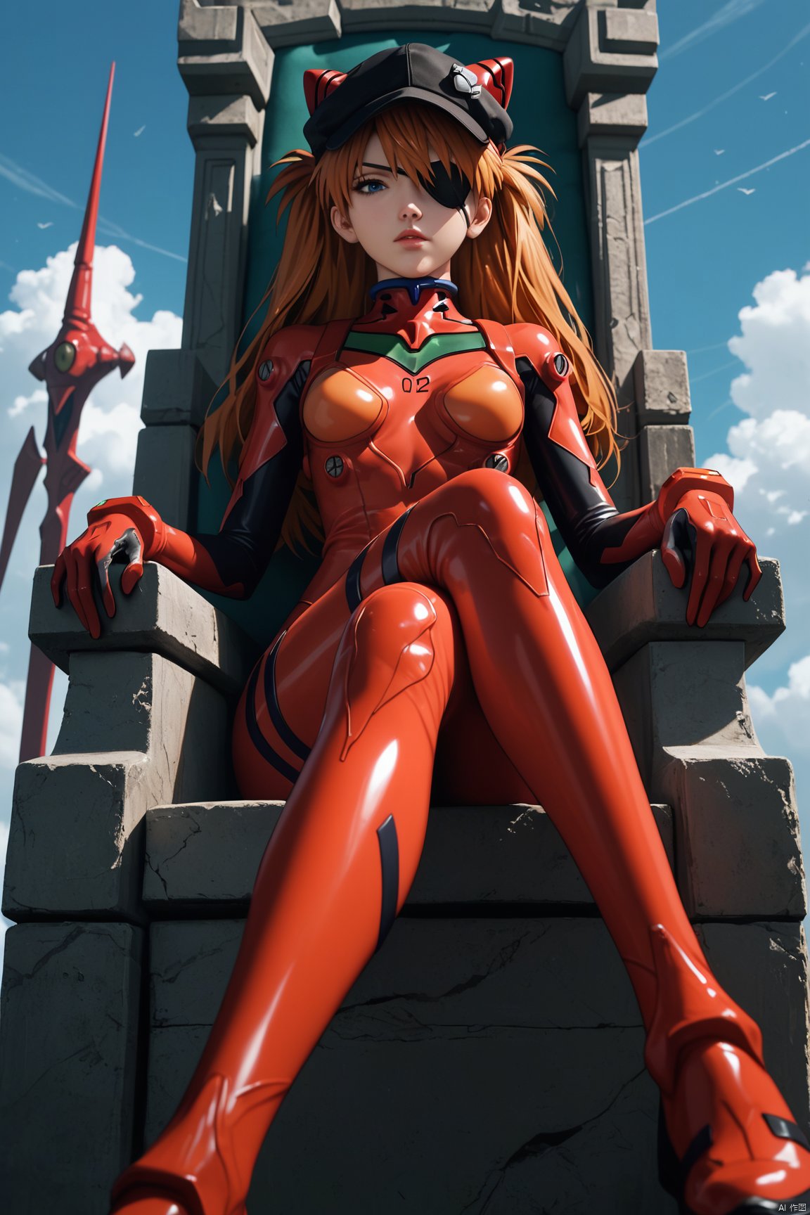 score_9,score_8_up,score_7_up,score_6_up,
1girl, souryuu asuka langley, neon genesis evangelion, rebuild of evangelion, lance of longinus, cat hat, plugsuit, pilot suit, red bodysuit, sitting, crossed legs, black eye patch, throne, looking down, from bottom, looking at viewer, outdoors, 