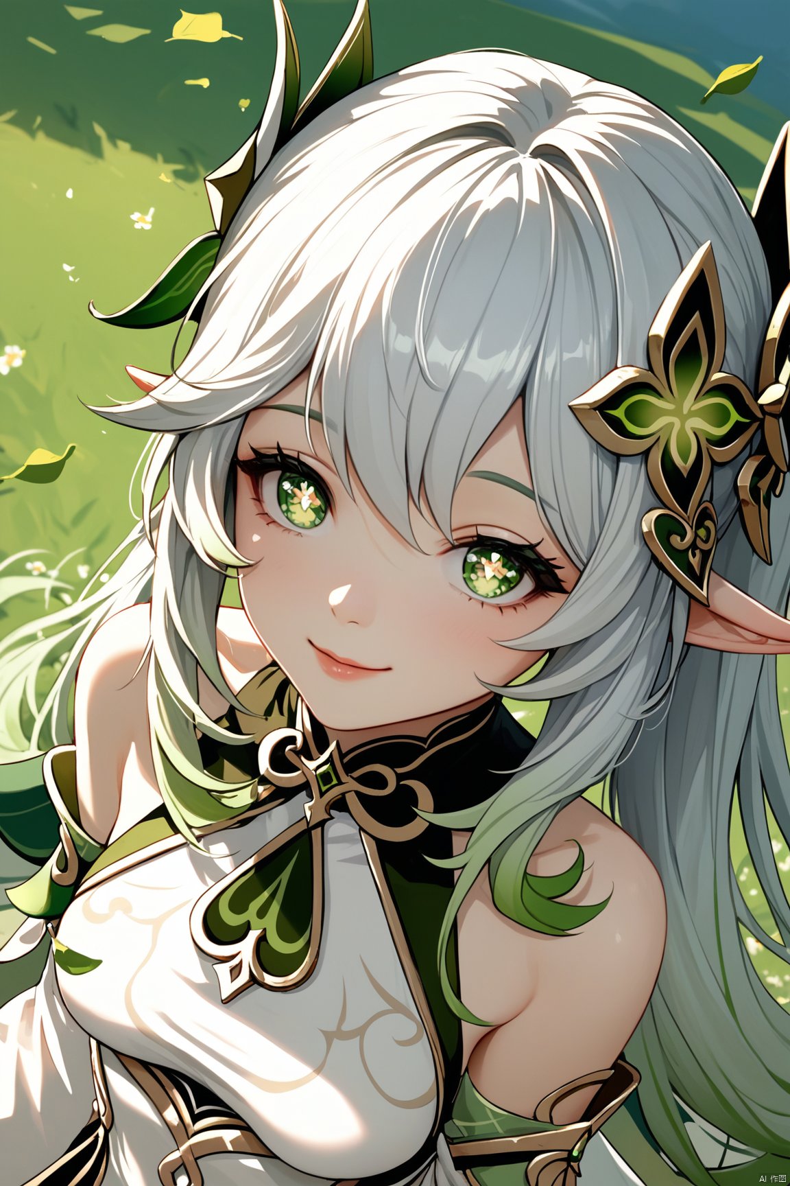 score_9,score_8_up,score_7_up,score_6_up,
1 girl,pointy_ears, laurel wreath, evil_smile, half-closed eyes, close-up, looking at viewer, (chibi:0.1), on grass,leaf, meadow, from above, masterpiece,bestquality, white hair,green hair,green eyes,symbol-shaped pupils, bangs, breasts,cross-shaped pupils, hair ornament, gradient hair, hanfu, nahida (genshin impact),
﻿