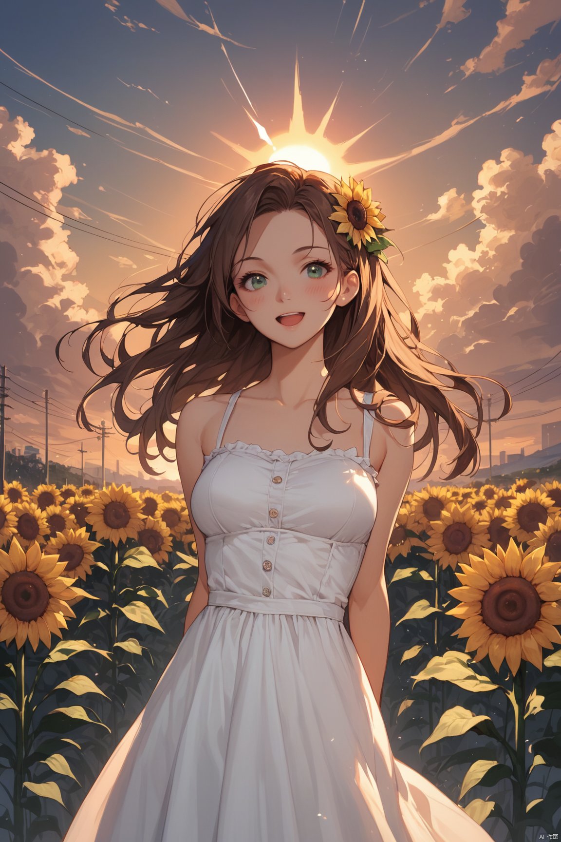 score_9,score_8_up,score_7_up,score_6_up,
1girl,flower,sunflower,solo,dress,outdoors,sunset,open mouth,long hair,blush,white dress,looking at viewer,hair ornament,arms behind back,sleeveless,cloud,smile,sundress,sleeveless dress,hair flower,brown hair,sky,bare shoulders,breasts,sun,blue eyes,:d,cowboy shot,medium breasts,bare arms,power lines,green eyes,standing,