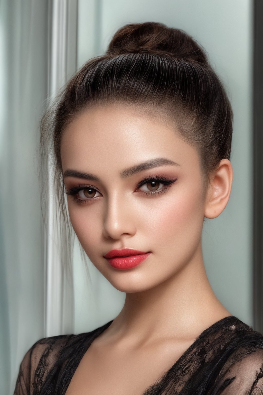 A close-up photo of an East Asian woman with long black hair and bangs, wearing a black corset. She has a serene expression with almond-shaped eyes, soft lips with a touch of red lipstick, and smooth, fair skin with a hint of natural glow. Her makeup includes subtle eyeshadow, mascara, and a light blush enhancing her cheekbones. Her hand is delicately placed near her shoulder, showcasing manicured nails. She is standing near a softly lit window, with gentle natural light highlighting her features. The background is slightly blurred, focusing on her face and upper body. BREAK high-resolution camera, close-up lens, natural lighting, modern realism, soft shadows, intimate setting, hd quality, natural look