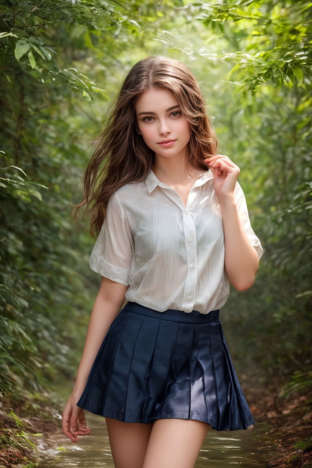 (A young lady with long, flowing hair that seems to shimmer with an inner light), (dressed in a classic school uniform with a short skirt and a crisp white blouse). (Her skin glistens as if freshly kissed by a light rain), (and she wears a soft smile that suggests innocence and sweetness). (Her eyes sparkle with curiosity and kindness). (The background is a blur of pastel colors), (creating a sense of serene otherworldliness). (The scene is suffused with an ethereal glow), (highlighting the edges of her clothing and the leaves of the nearby trees). (Her uniform is slightly wet), (adding to the dreamy aura). (The atmosphere is calm and welcoming), (inviting the viewer into her whimsical world). , (score_9, score_8_up, score_7_up), 