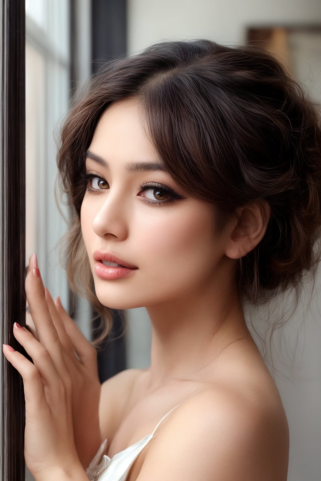 A close-up photo of an East Asian woman with long black hair and bangs, wearing a black corset. She has a serene expression with almond-shaped eyes, soft lips with a touch of red lipstick, and smooth, fair skin with a hint of natural glow. Her makeup includes subtle eyeshadow, mascara, and a light blush enhancing her cheekbones. Her hand is delicately placed near her shoulder, showcasing manicured nails. She is standing near a softly lit window, with gentle natural light highlighting her features. The background is slightly blurred, focusing on her face and upper body. BREAK high-resolution camera, close-up lens, natural lighting, modern realism, soft shadows, intimate setting, hd quality, natural look