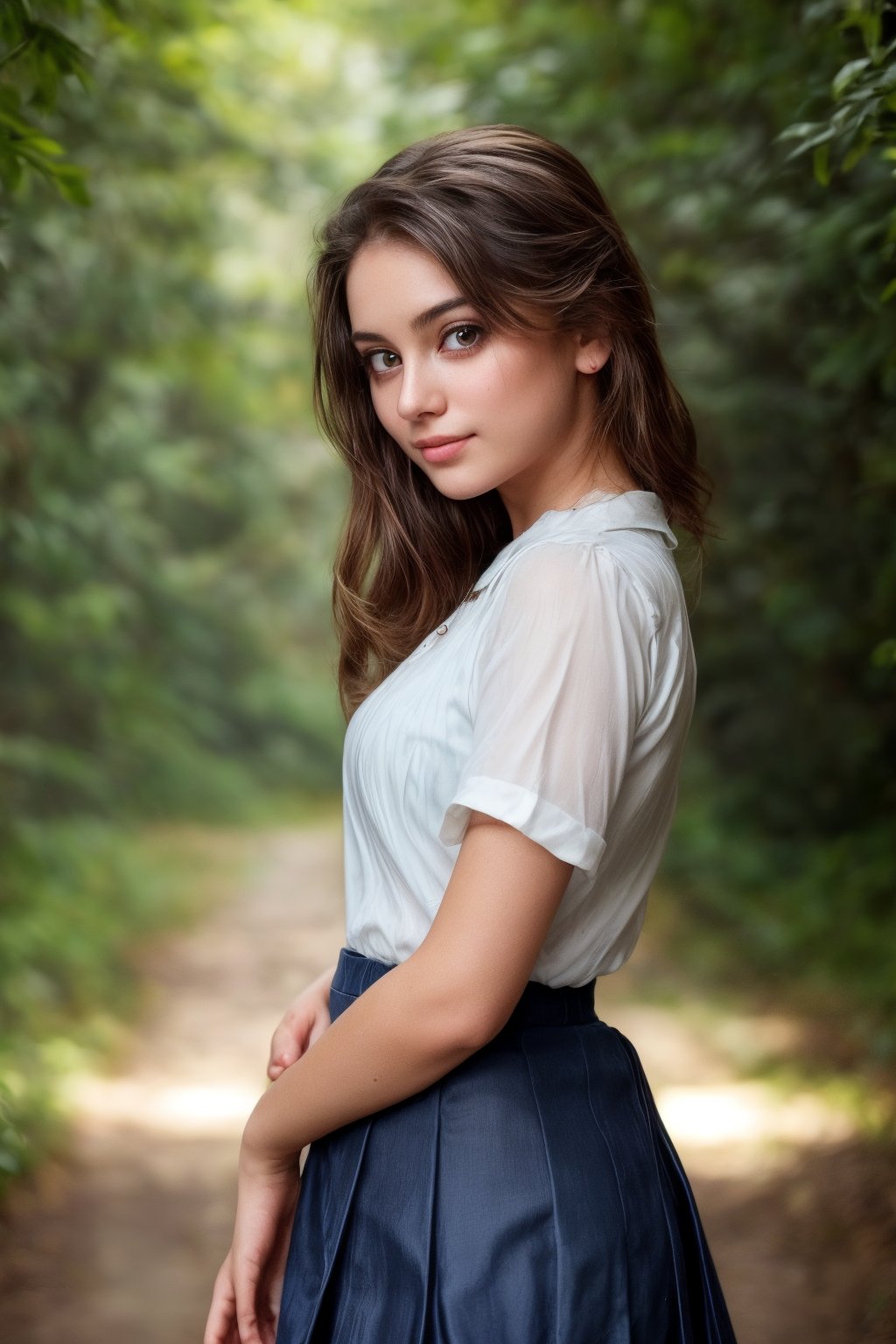 (A young lady with long, flowing hair that seems to shimmer with an inner light), (dressed in a classic school uniform with a short skirt and a crisp white blouse). (Her skin glistens as if freshly kissed by a light rain), (and she wears a soft smile that suggests innocence and sweetness). (Her eyes sparkle with curiosity and kindness). (The background is a blur of pastel colors), (creating a sense of serene otherworldliness). (The scene is suffused with an ethereal glow), (highlighting the edges of her clothing and the leaves of the nearby trees). (Her uniform is slightly wet), (adding to the dreamy aura). (The atmosphere is calm and welcoming), (inviting the viewer into her whimsical world). , (score_9, score_8_up, score_7_up), 