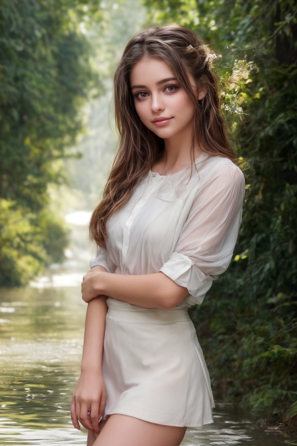 (A young lady with long, flowing hair that seems to shimmer with an inner light), (dressed in a classic school uniform with a short skirt and a crisp white blouse). (Her skin glistens as if freshly kissed by a light rain), (and she wears a soft smile that suggests innocence and sweetness). (Her eyes sparkle with curiosity and kindness). (The background is a blur of pastel colors), (creating a sense of serene otherworldliness). (The scene is suffused with an ethereal glow), (highlighting the edges of her clothing and the leaves of the nearby trees). (Her uniform is slightly wet), (adding to the dreamy aura). (The atmosphere is calm and welcoming), (inviting the viewer into her whimsical world). , (score_9, score_8_up, score_7_up), 