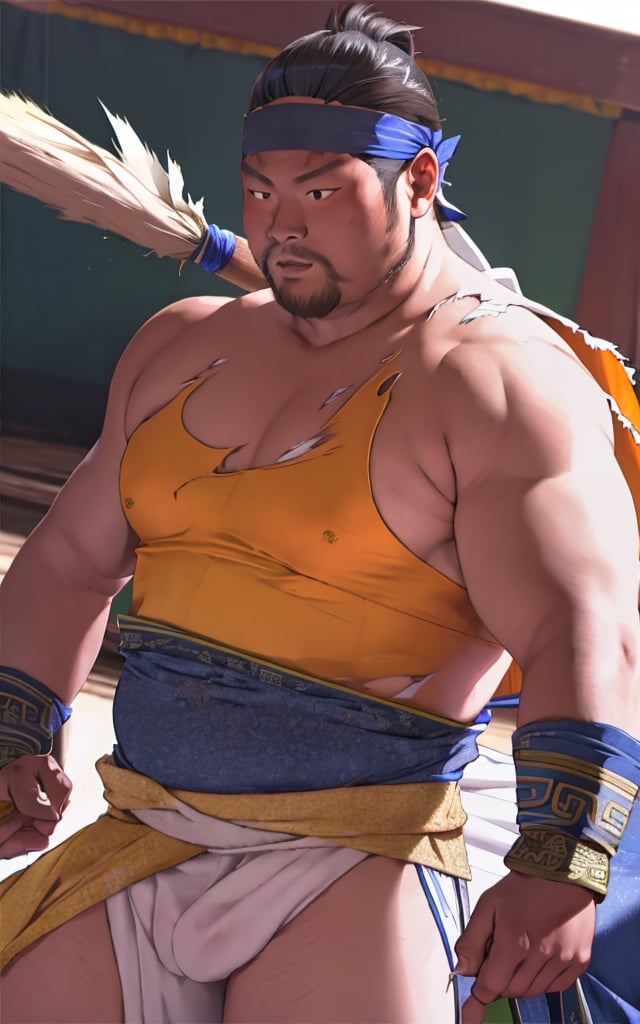 Dongwenjun,best quality, high resolution, super detailed, 1 male, 35 years old, (chubby:1), (slightly muscular:1.1),photorealistic,(torn sleeveless 
 Under cloth:1.2)