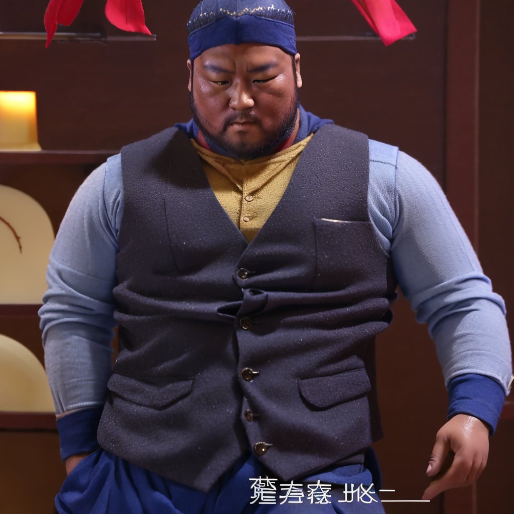 Dongwenjun,best quality, high resolution, super detailed, 1 male, 35 years old, (chubby:1), (slightly muscular:1.1),photorealistic,(vest)