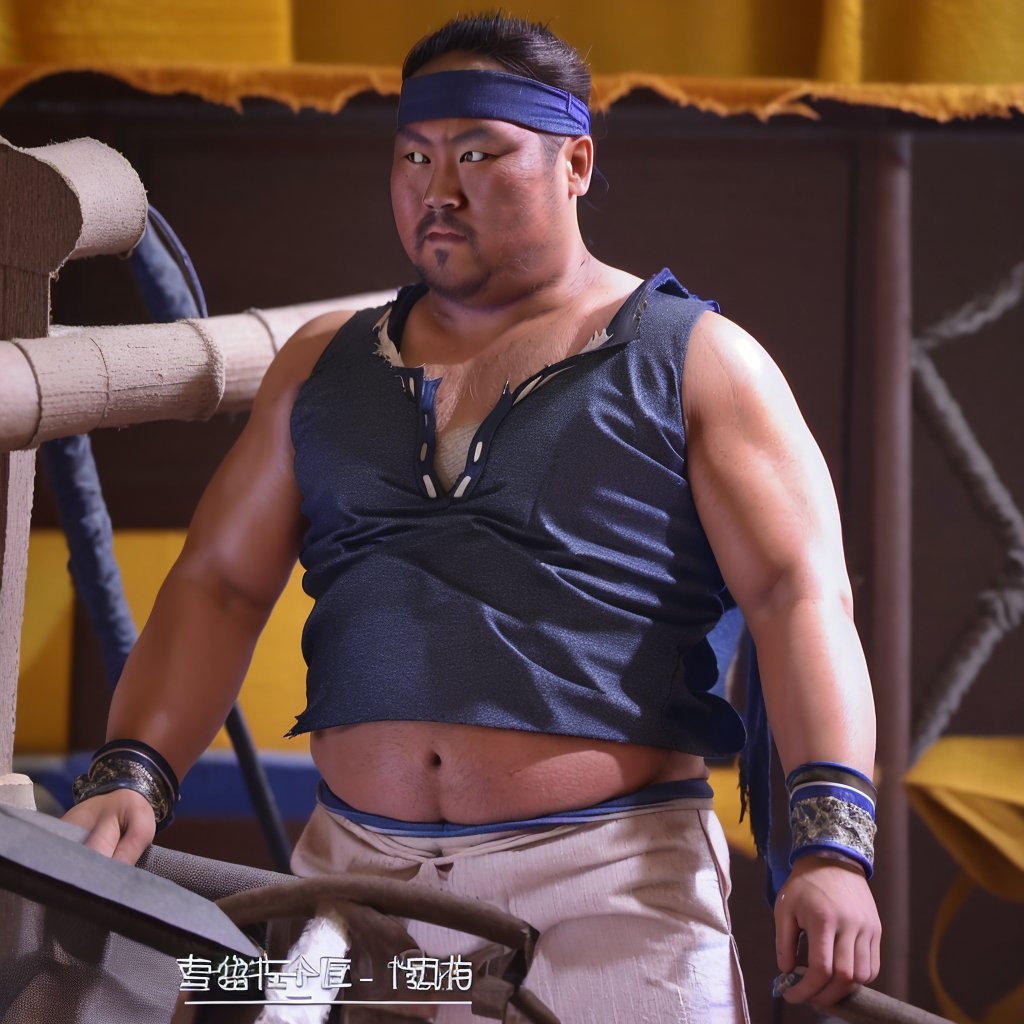 Dongwenjun,best quality, high resolution, super detailed, 1 male, 35 years old, (chubby:1), (slightly muscular:1.1),photorealistic,(torn sleeveless 
 shirt:1.2)