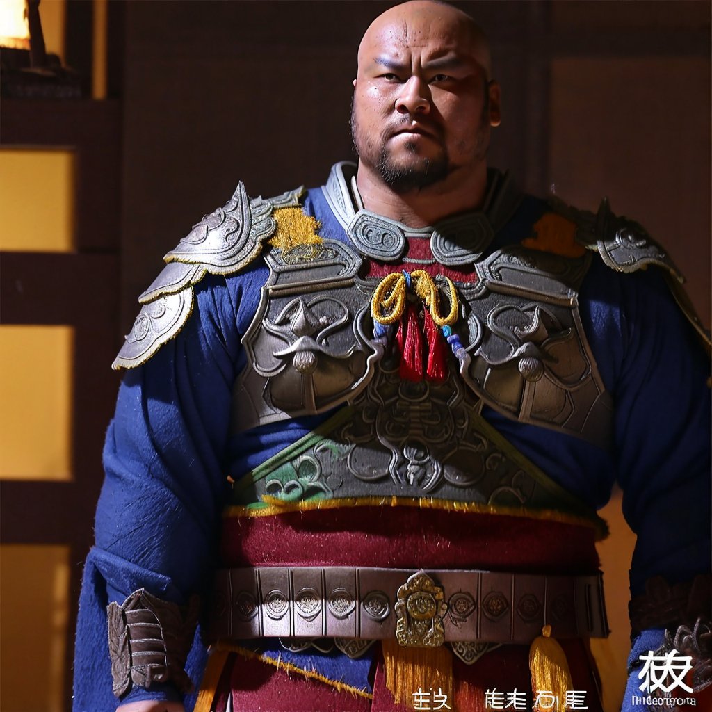 Dongwenjun,best quality, high resolution, super detailed, 1 male, 35 years old, (chubby:1), (slightly muscular:1.1),photorealistic,(armor:0.1),bald